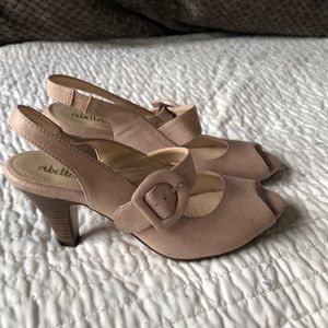 Abella Peel toe heel cream color adjustable strap for comfort.